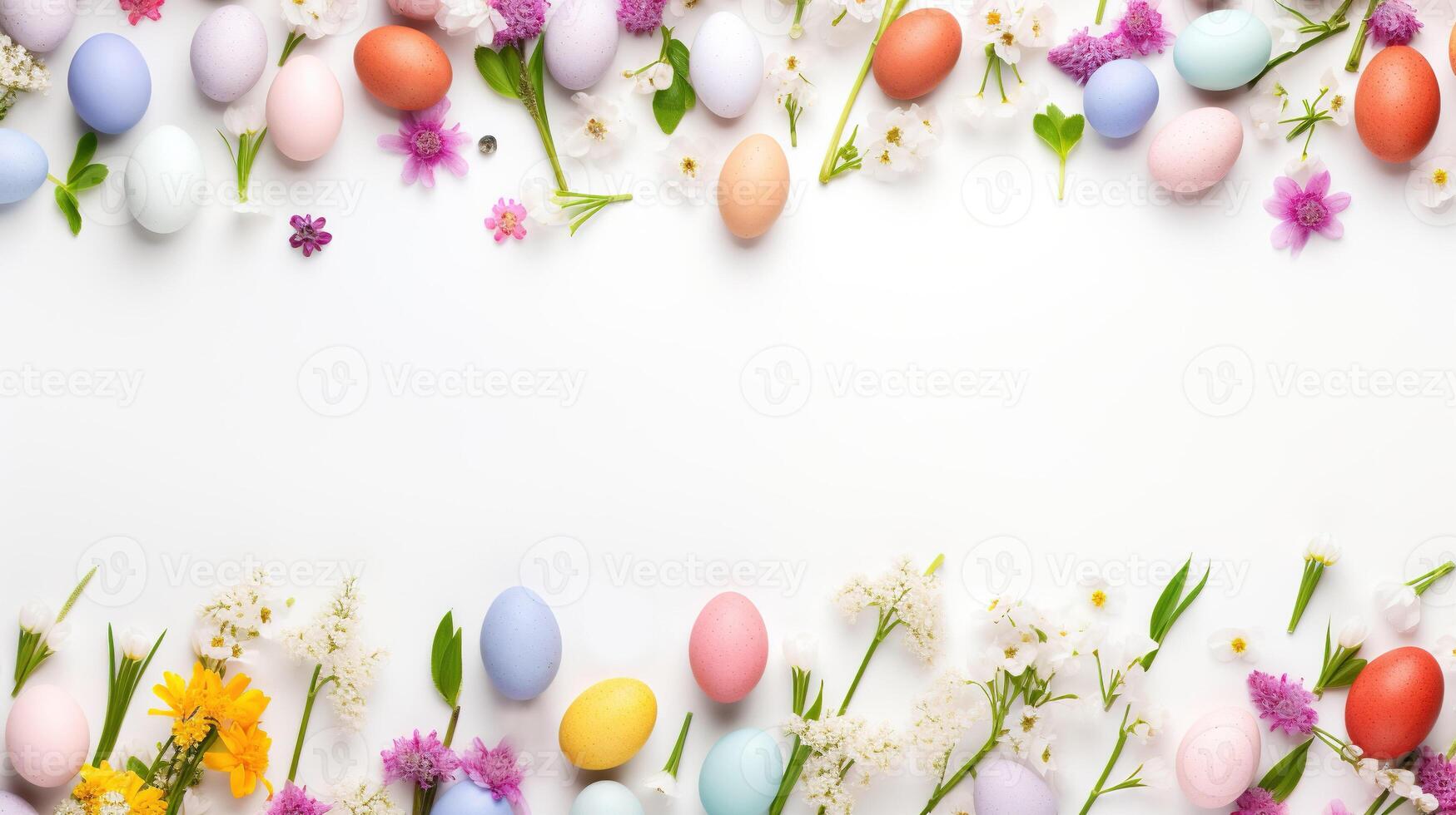 AI generated Easter banner template. Spring flowers and painted eggs on a white background with space for text. Easter eggs and spring flowers on white background. photo