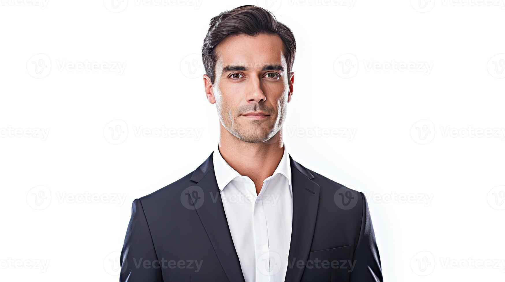 AI generated Portrait of man on grey background. Man staring at camera. Close-up cropped view of beautiful man on white background. photo