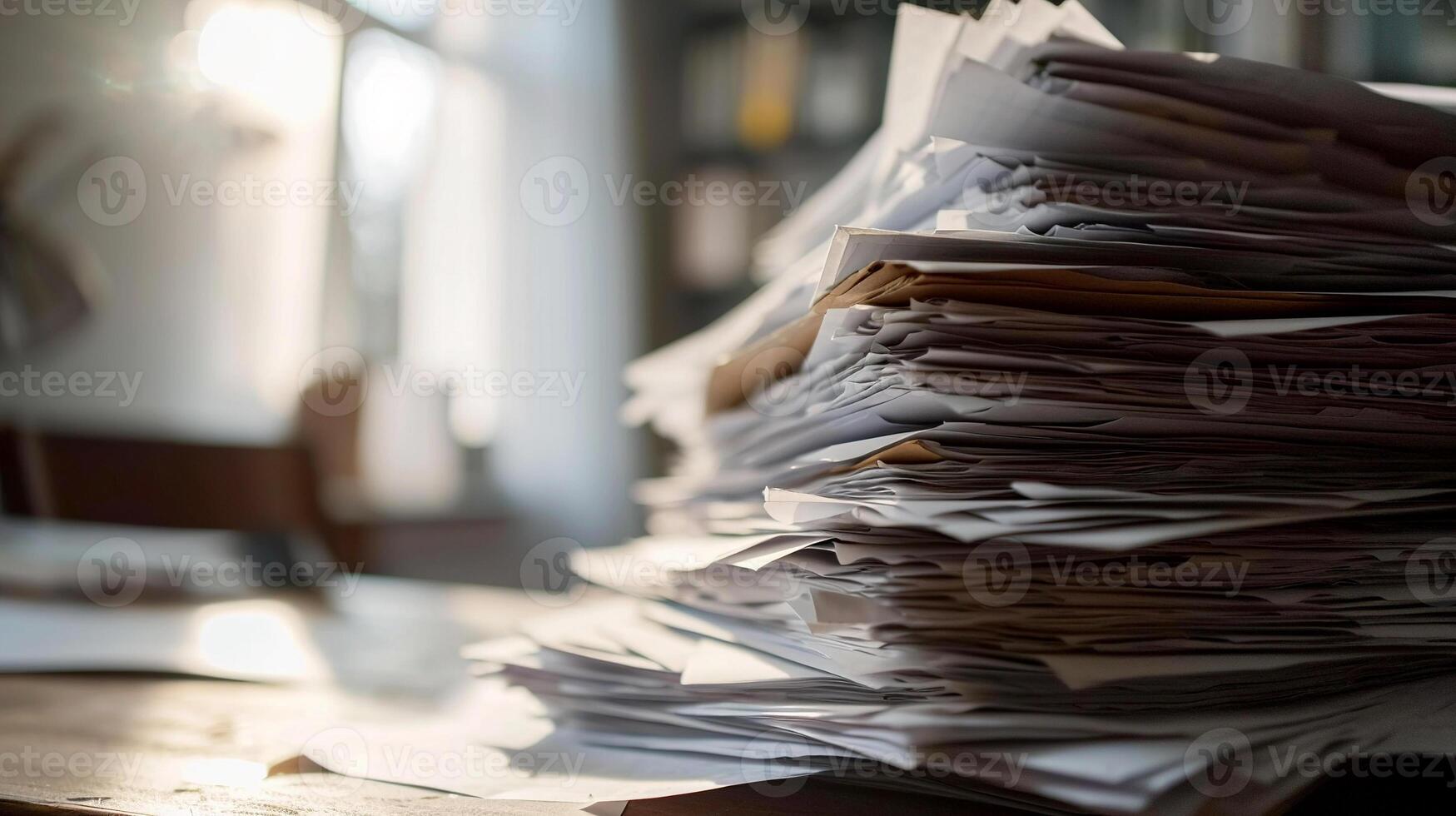 AI generated Pile of documents on the desk. Selective focus and shallow depth of field. photo