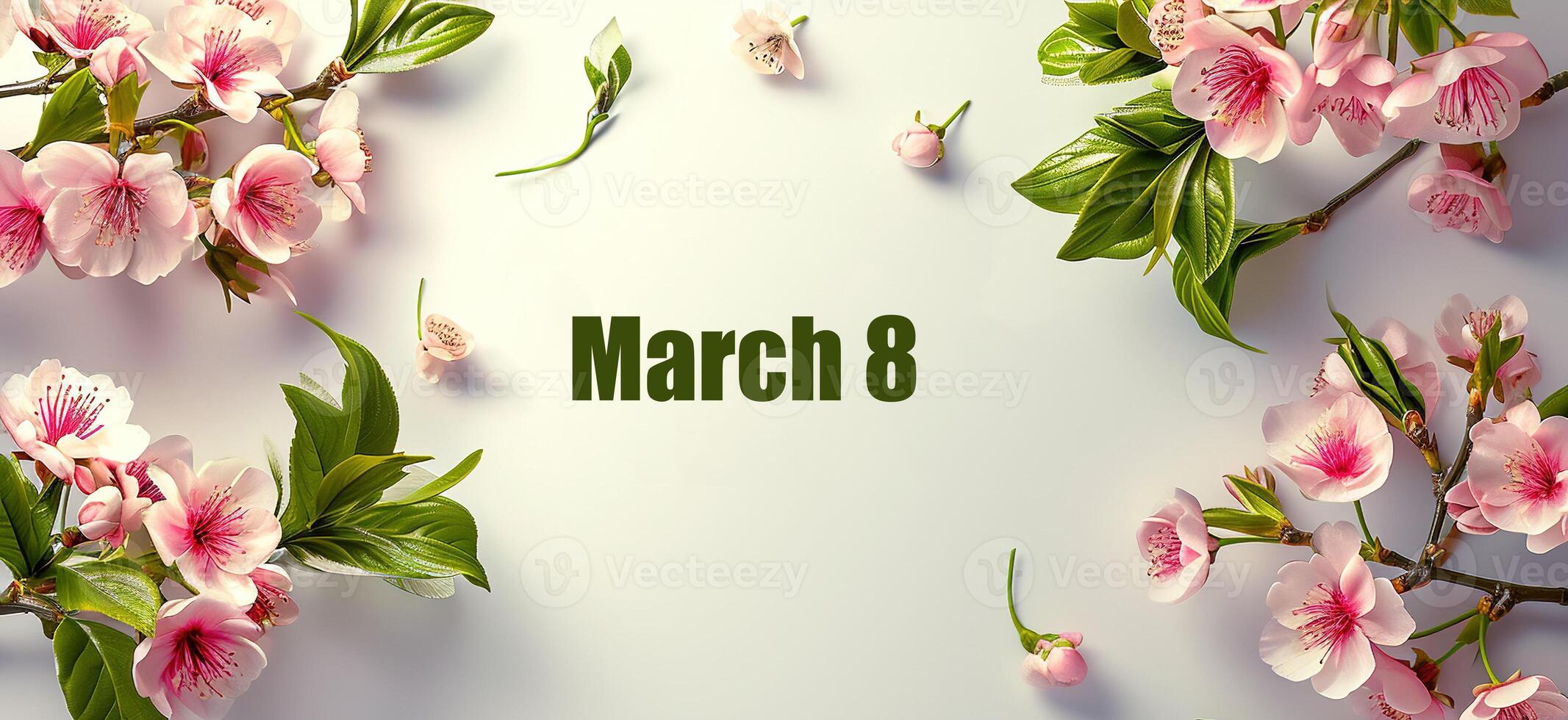 AI generated Pink blossoming sakura on a light background close-up. March 8. Luxurious Spring floral banner on a white background for March 8th. photo