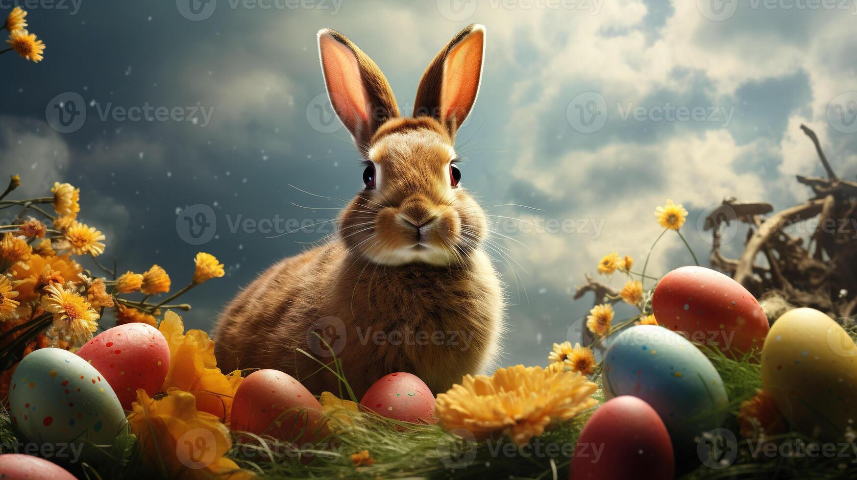 AI generated Easter bunny and colorful eggs on green grass with flowers background. Easter banner photo realism style.
