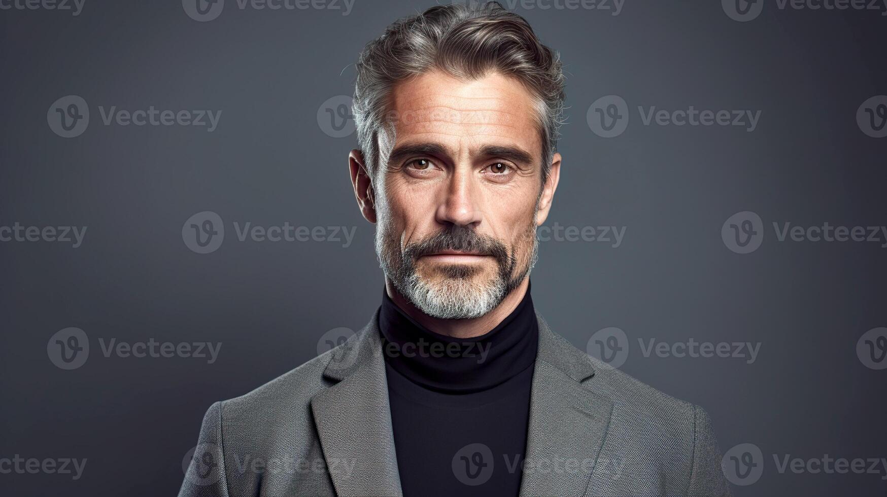 AI generated Portrait of man on grey background. Man staring at camera. Close-up cropped view of beautiful man on grey background. photo