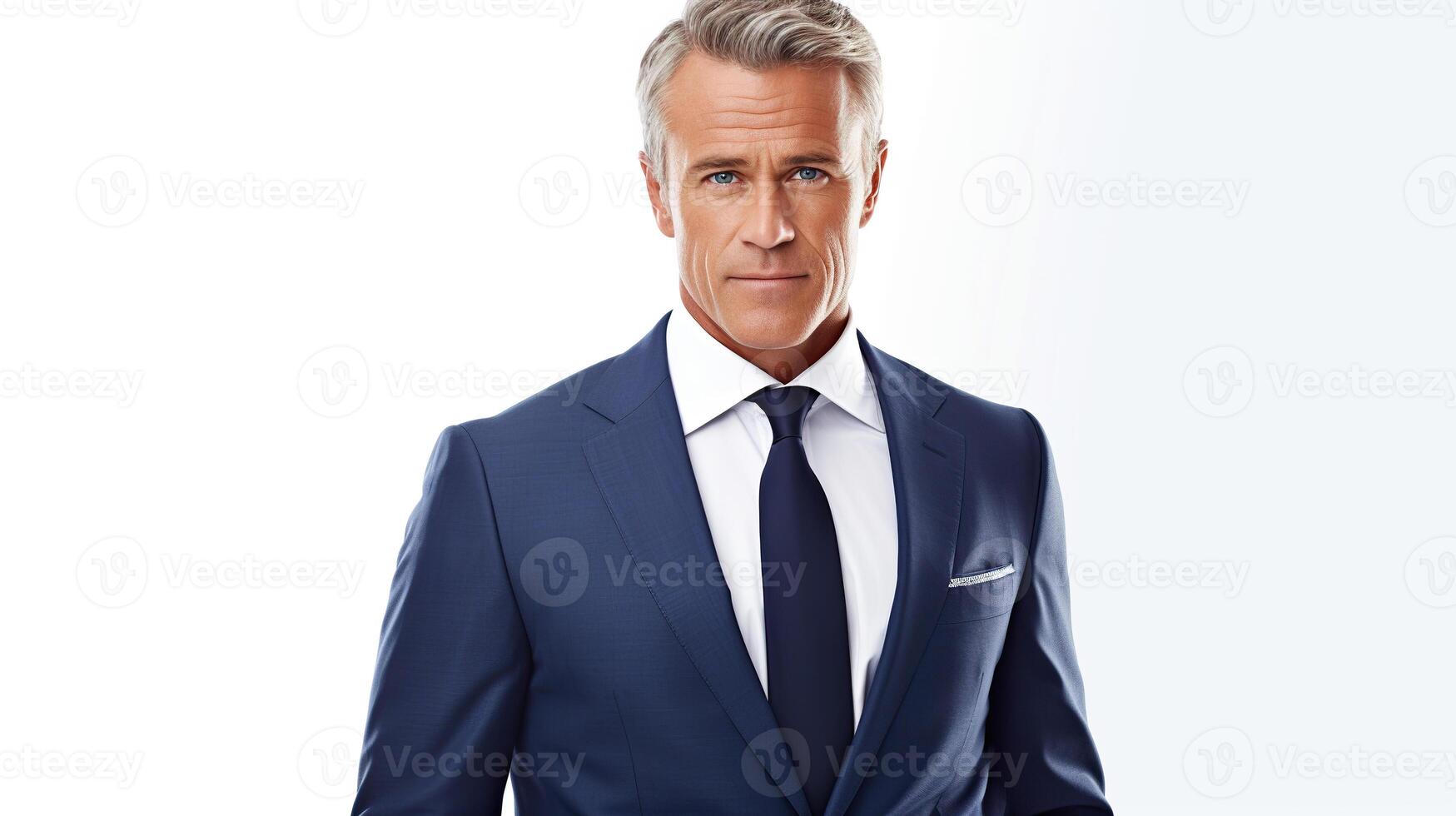 AI generated Portrait of a blue-eyed man in a blue suit isolated on white with copy space. photo