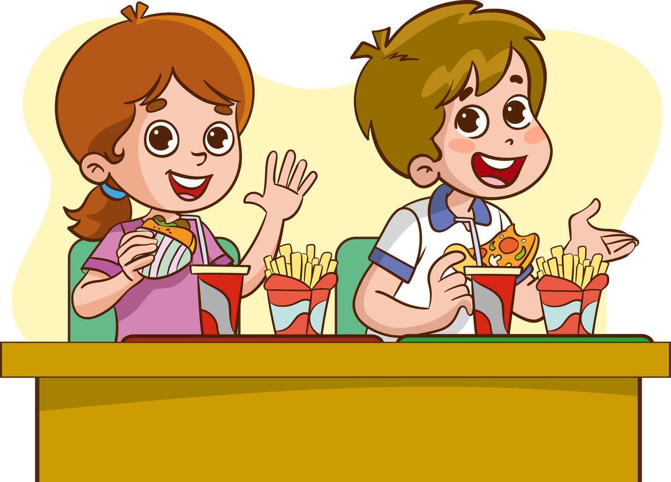 Vector illustration of Kids eating French Fries and fast food in restaurant
