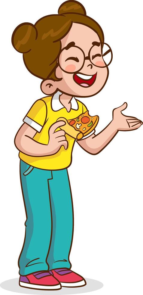 vector illustration of a Little children Holding a Slice of Pizza and Talking