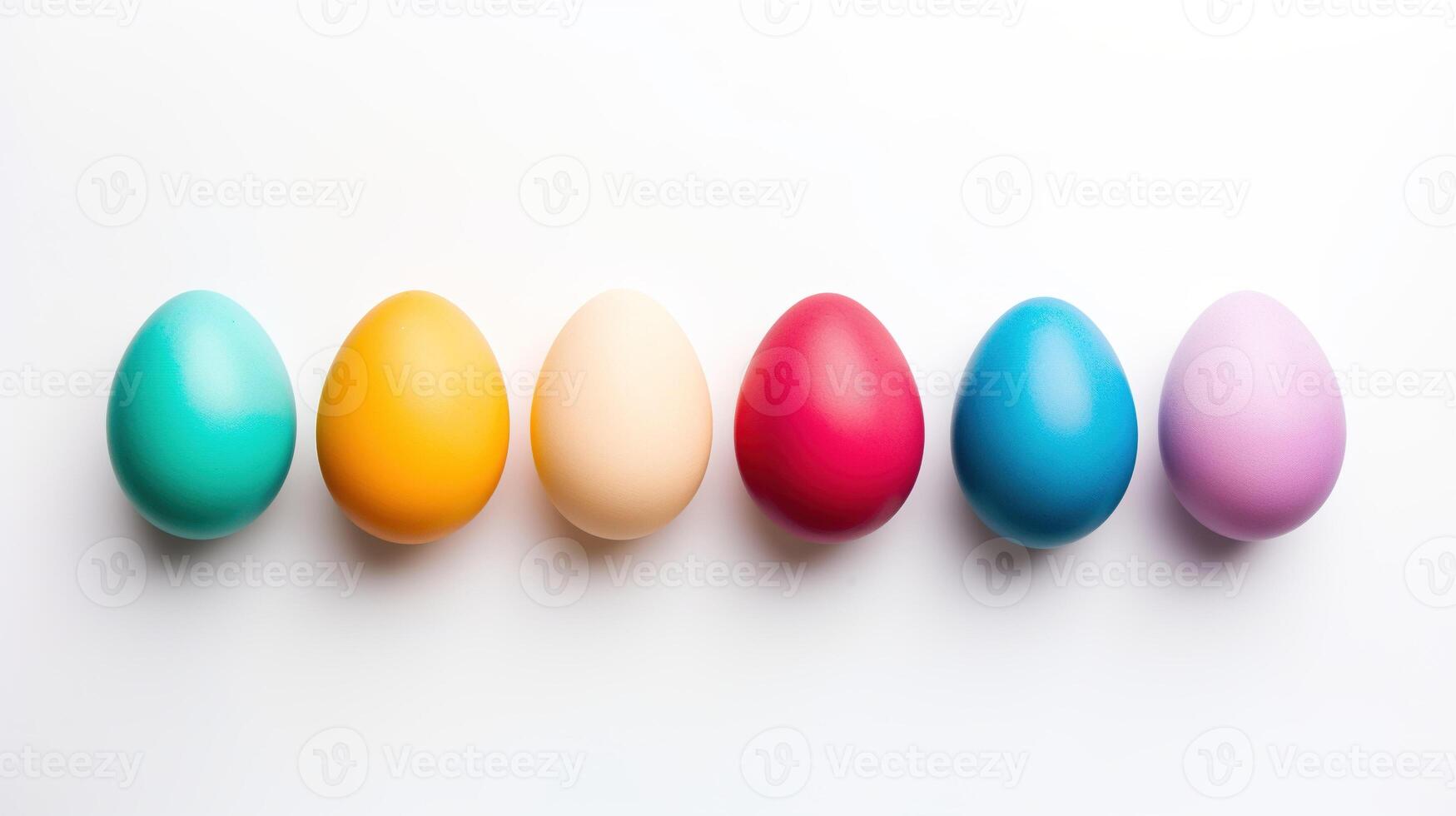 AI generated Multicolored Easter eggs on a light wooden background. Eggs in three rows. The concept of a holiday and a happy Easter. photo