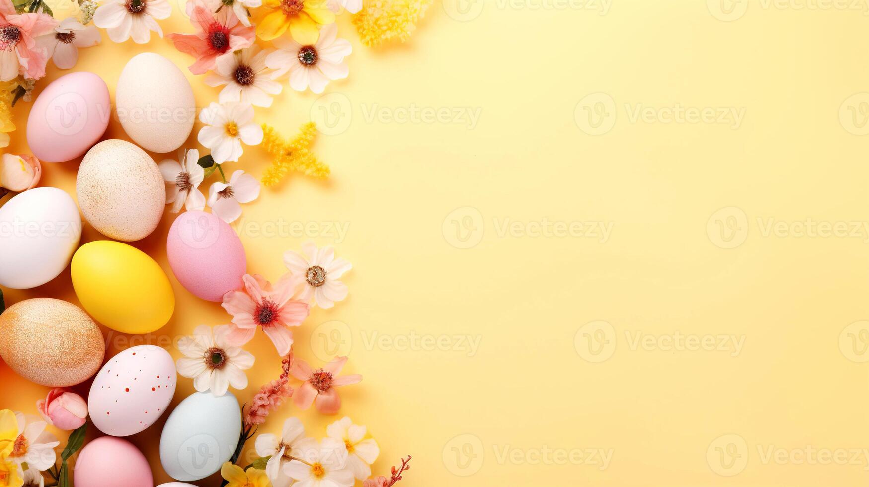 AI generated Easter composition with spring flowers and colorful eggs on a yellow background. Spring Easter holiday concept with place for text. photo