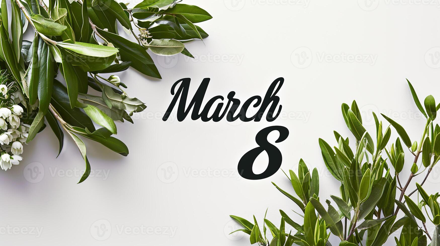 AI generated Floral spring frame of bright green decorative leaves and white flowers on a white background. Spring diagonal pattern for March 8 with space for text. photo