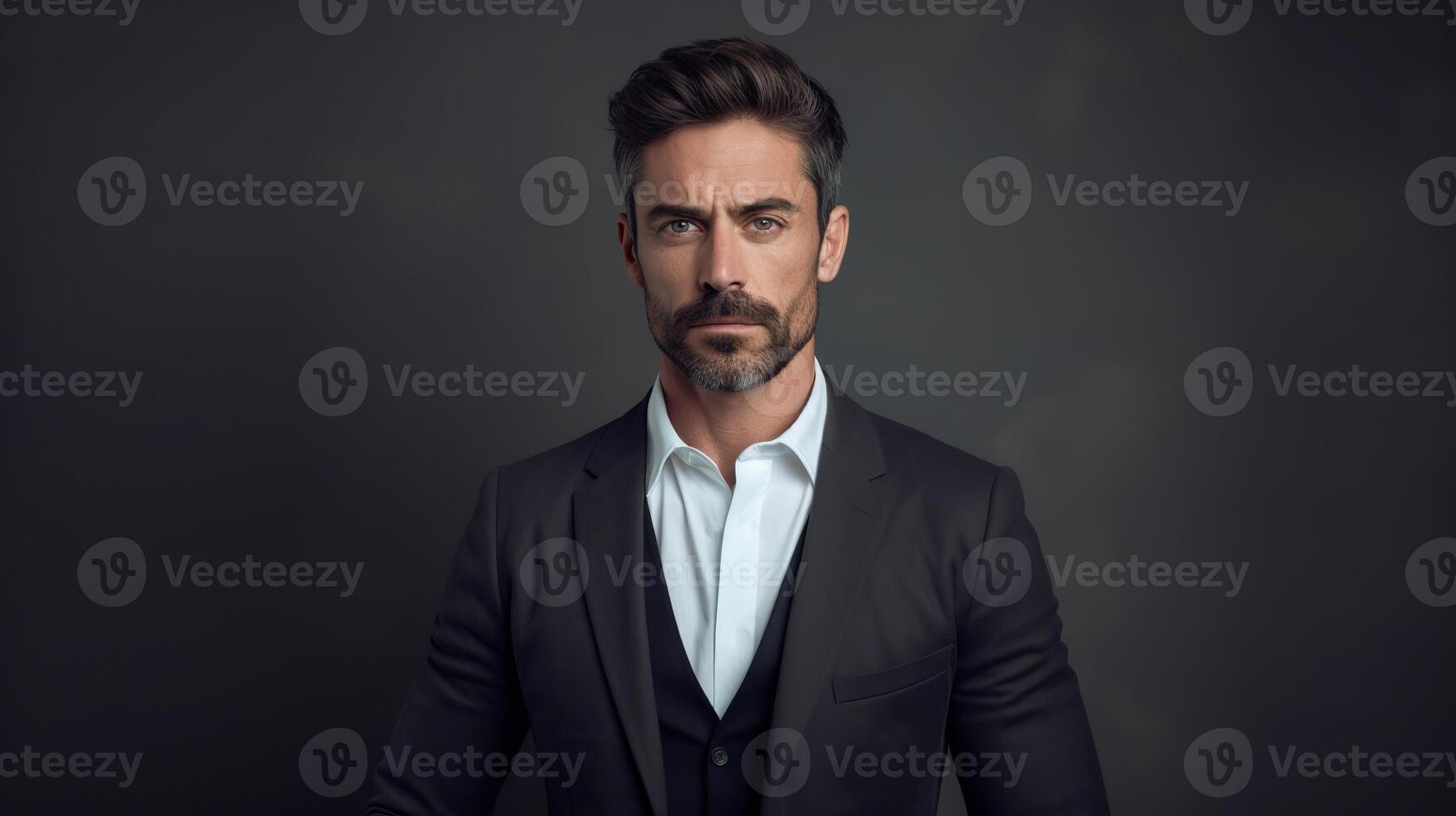 AI generated Portrait of handsome mature man in formalwear looking at camera while standing against grey background. photo