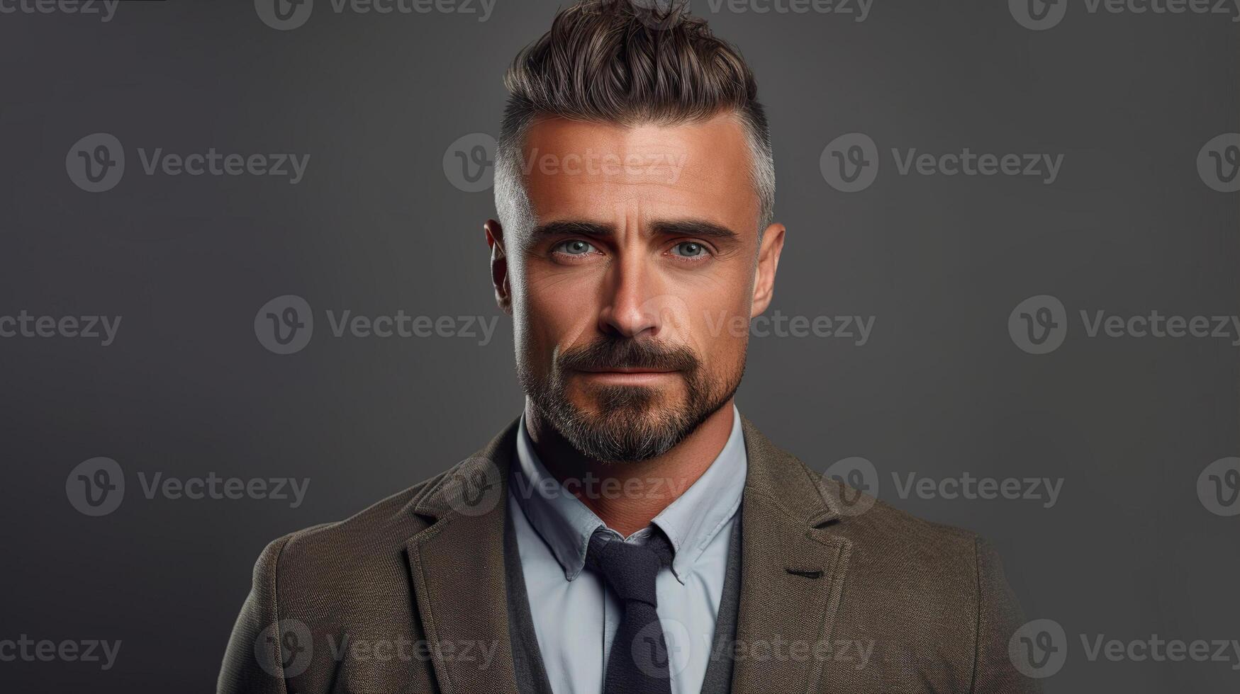 AI generated Portrait of a handsome man in a suit on a gray background photo