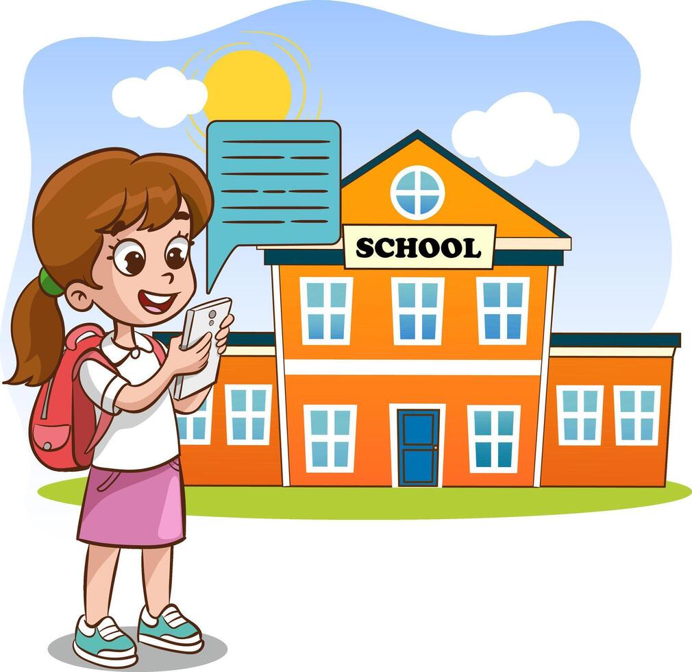 Schoolkids using her mobile phone in front of the school building illustration.kids reading message on mobile phone. vector