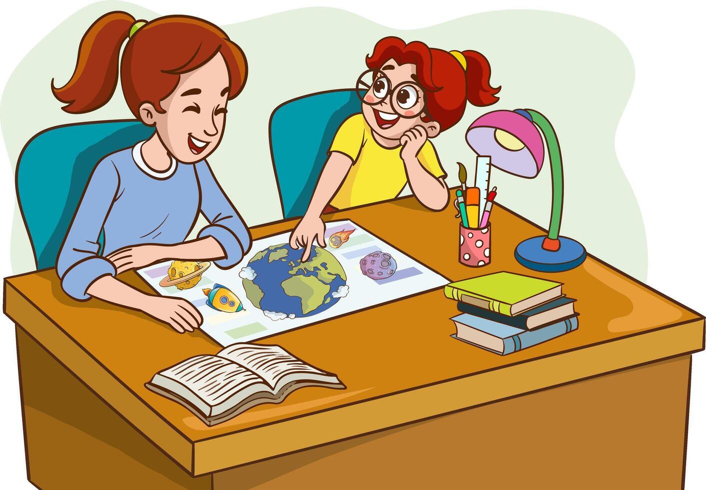 Homeschooling. Child is taught by adult, mother or teacher. Vector characters flat cartoon illustration.