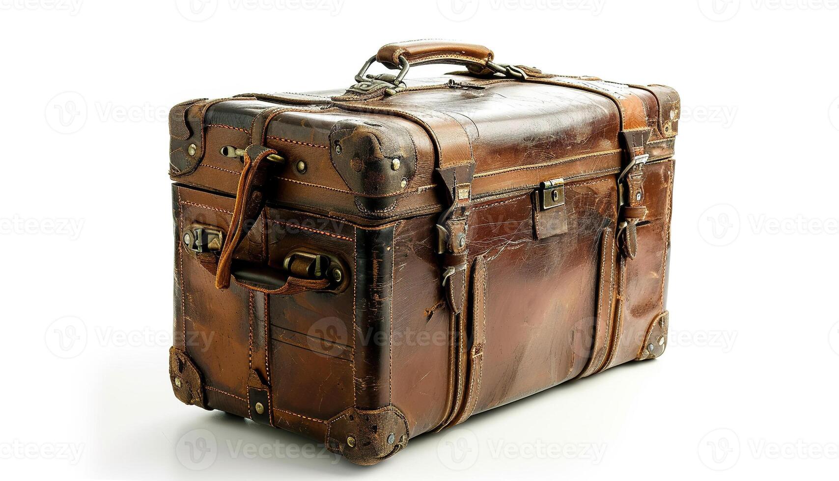 AI generated Old brown leather suitcase isolated on a white background with path. photo