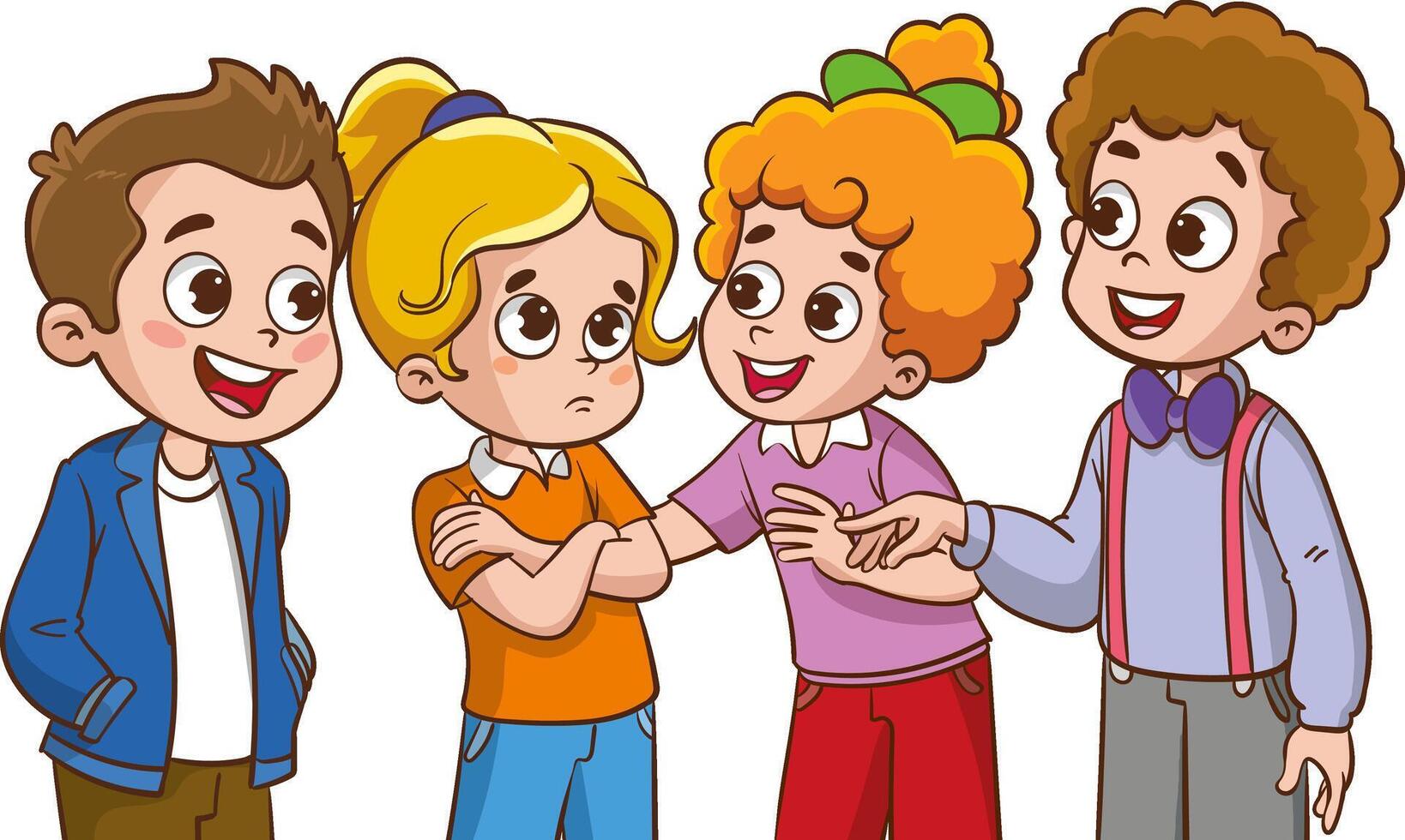 Vector Illustration of happy kids with different emotions.Friends trying to comfort friend who looks depressed