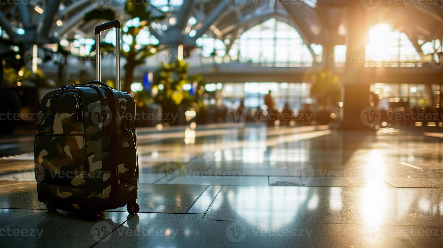 AI generated Camouflage suitcase on the blurred background of the train station. Waiting room. Luggage and travel bag on blur airport background with copy space. photo