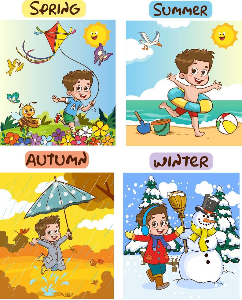 vector ilustración de cuatro estaciones con dibujos animados niño
