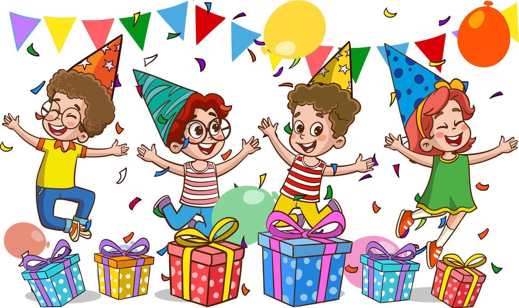 grupo de contento niños celebrando cumpleaños. vector ilustración en dibujos animados estilo.