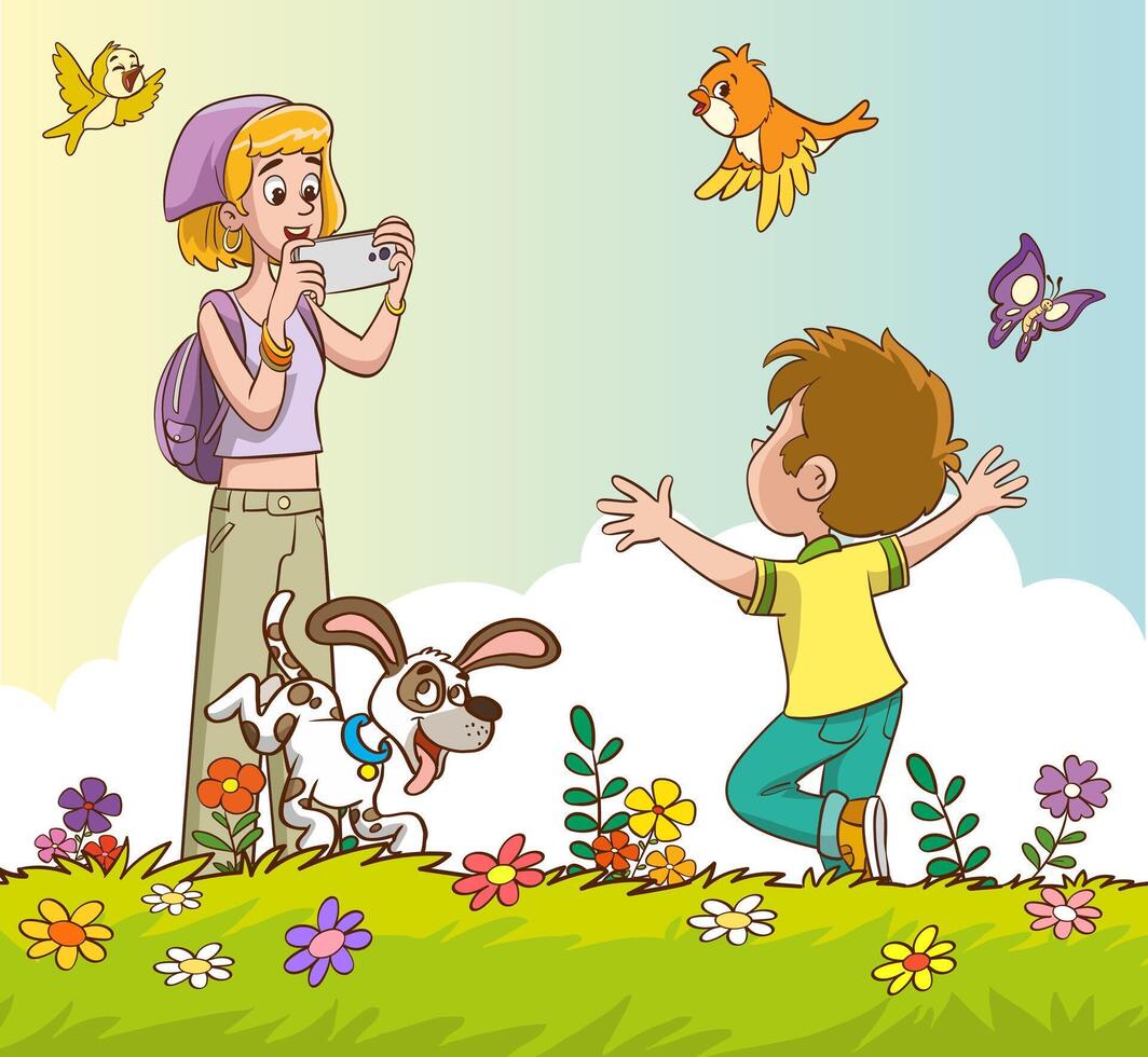 Happy family taking a selfie in a meadow with flowers and butterflies. vector