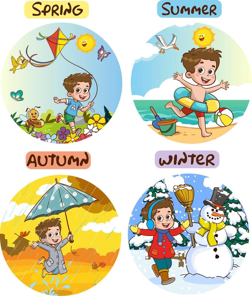 vector ilustración de cuatro estaciones con dibujos animados niño