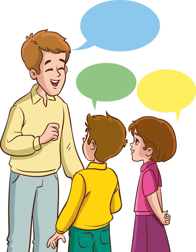 padre y su dos niños hablando con habla burbujas vector ilustración.