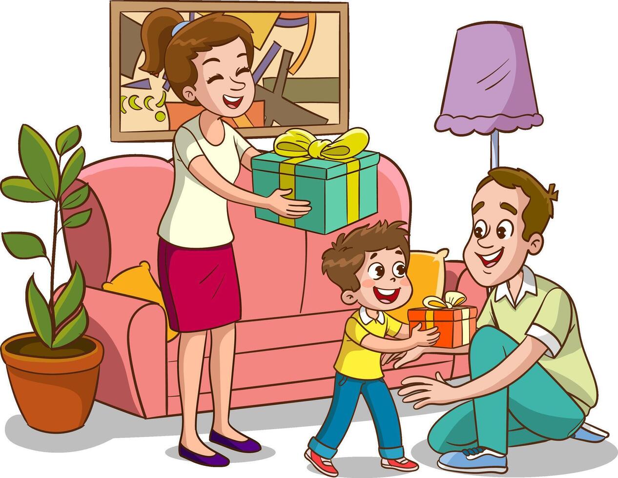 Vector illustration of children surprise their father and give a gift.