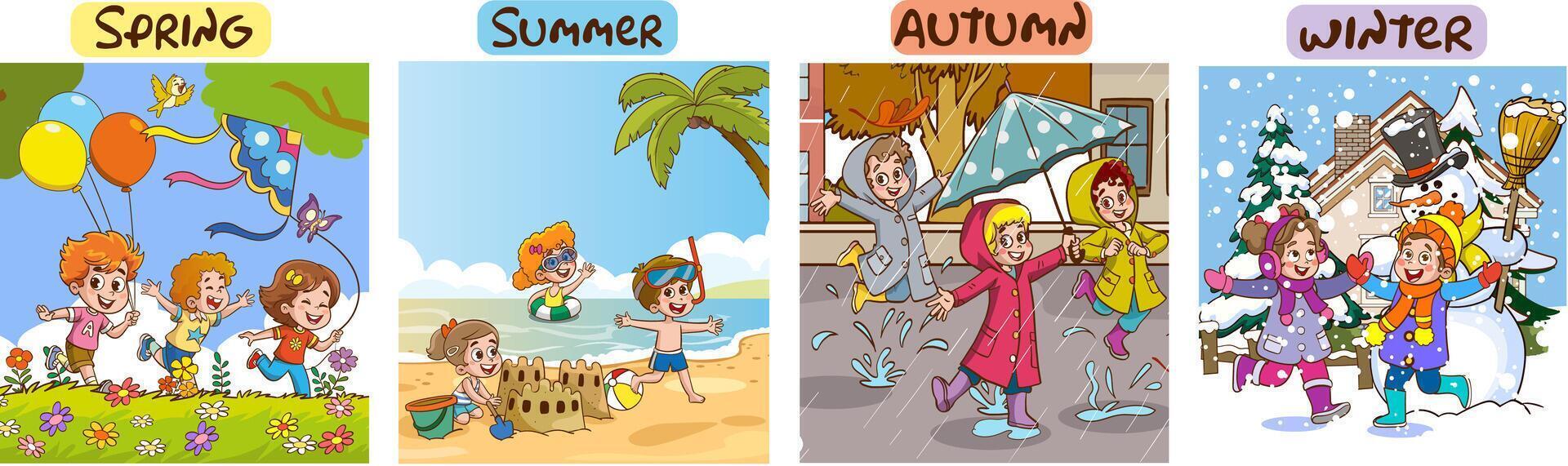 Vector illustration of Four Seasons With Cartoon Kid
