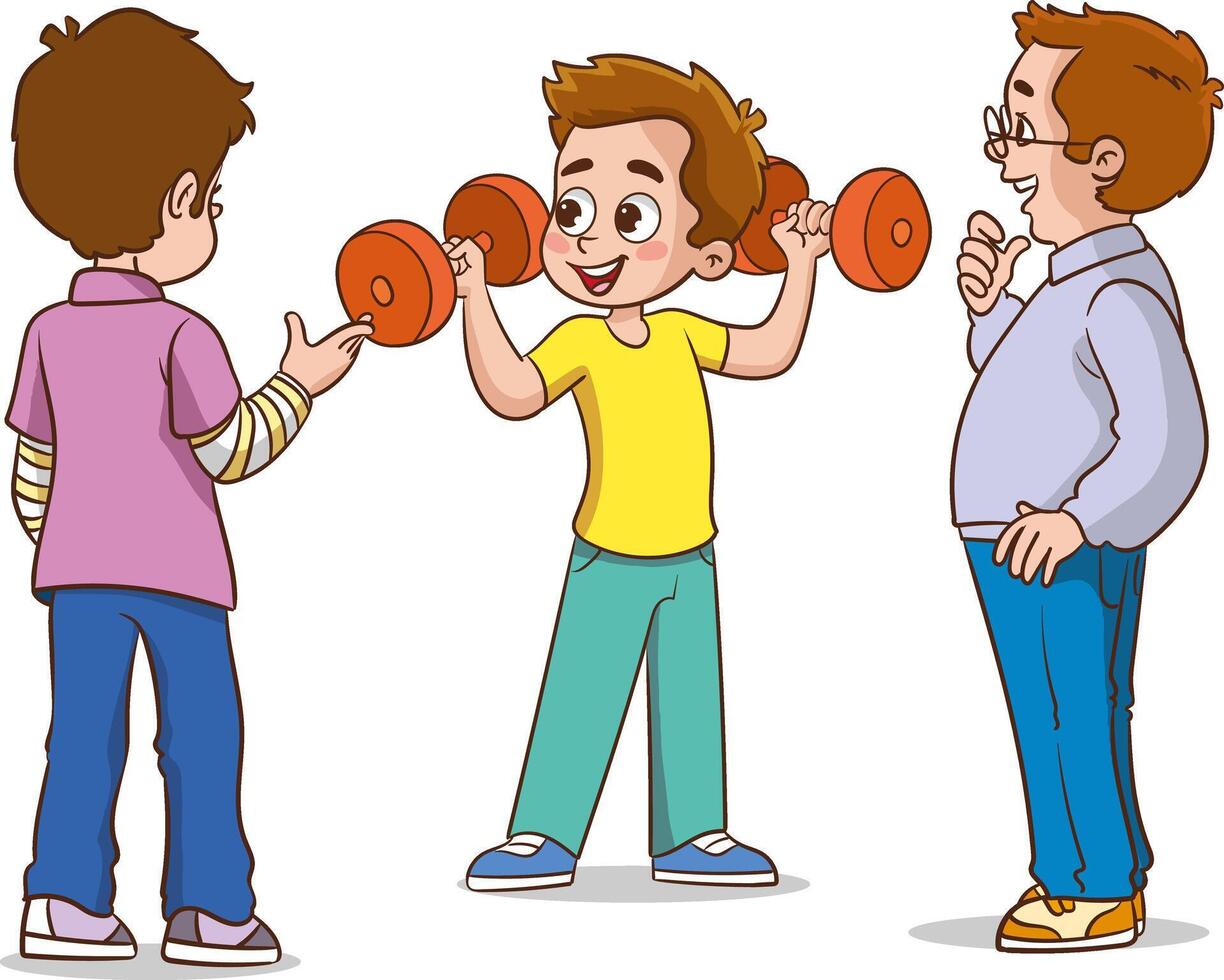 vector ilustración de niños hacer ejercicio con pesas en el gimnasio