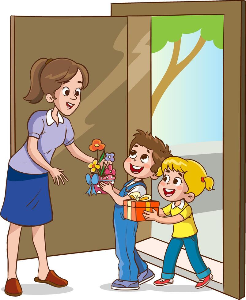 Vector illustration of children surprising their mothers and giving them a bouquet of flowers.