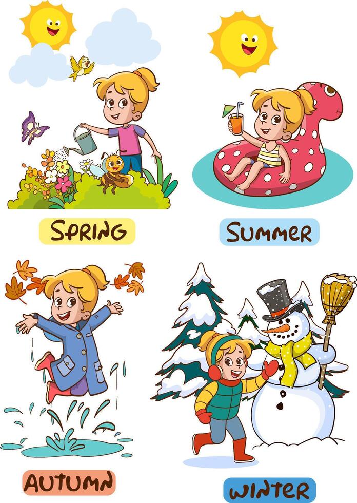 Vector illustration of Four Seasons With Cartoon Kid