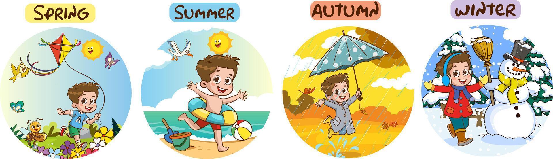Vector illustration of Four Seasons With Cartoon Kid