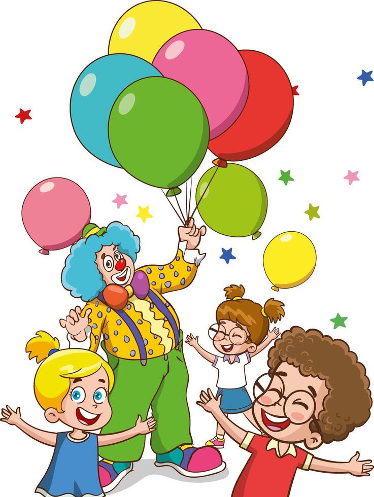 vector ilustración de un grupo de niños jugando con un payaso y globos