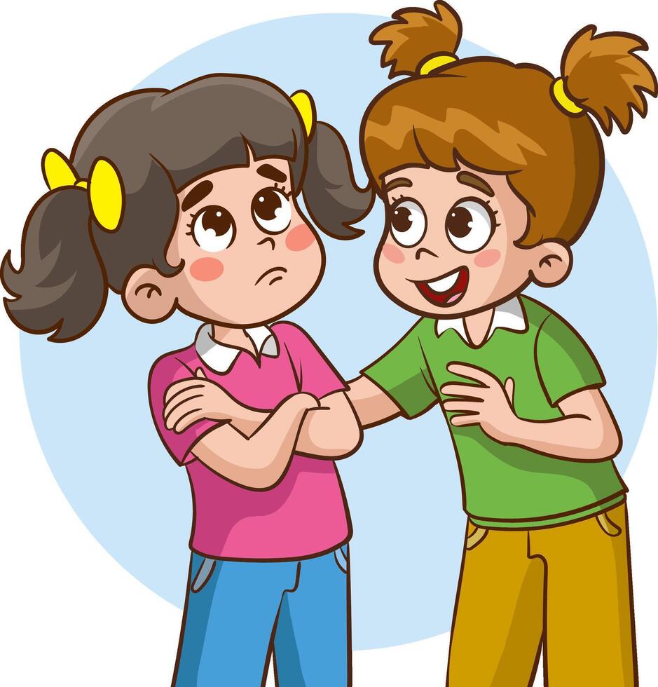 Vector Illustration of happy kids with different emotions.Friends trying to comfort friend who looks depressed