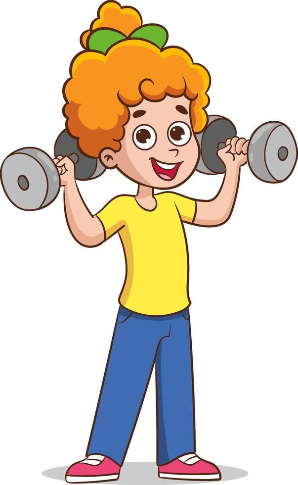 vector illustration of Kids Exercising with Dumbbells in the Gym