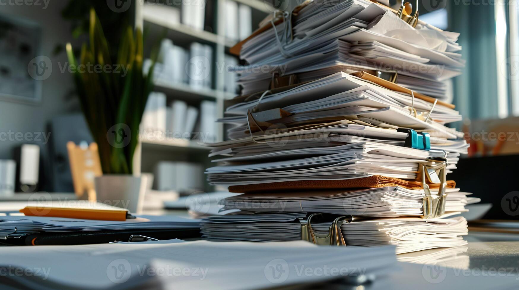 AI Generated A large stack of documents against the background of a modern office. Annual reporting. Concept The need to digitize paper information and automate document flow. photo