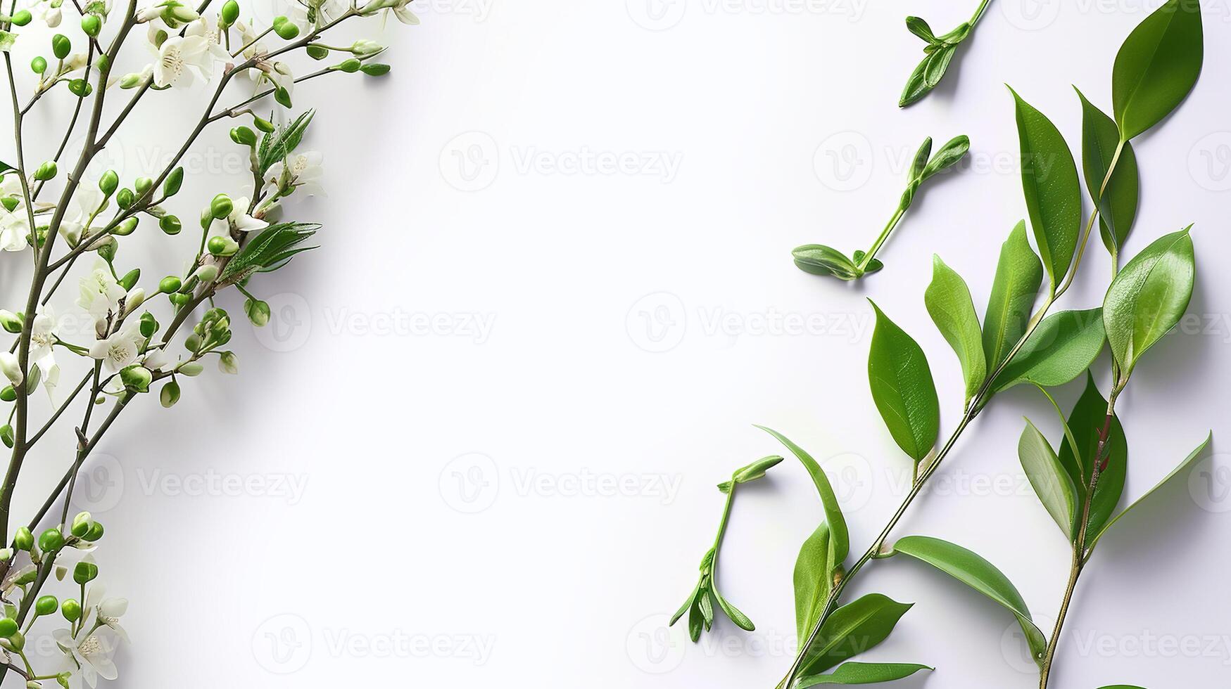 AI generated Spring floral banner with cherry plum branch at the beginning of flowering on a white background with space for text. Minimalism. photo
