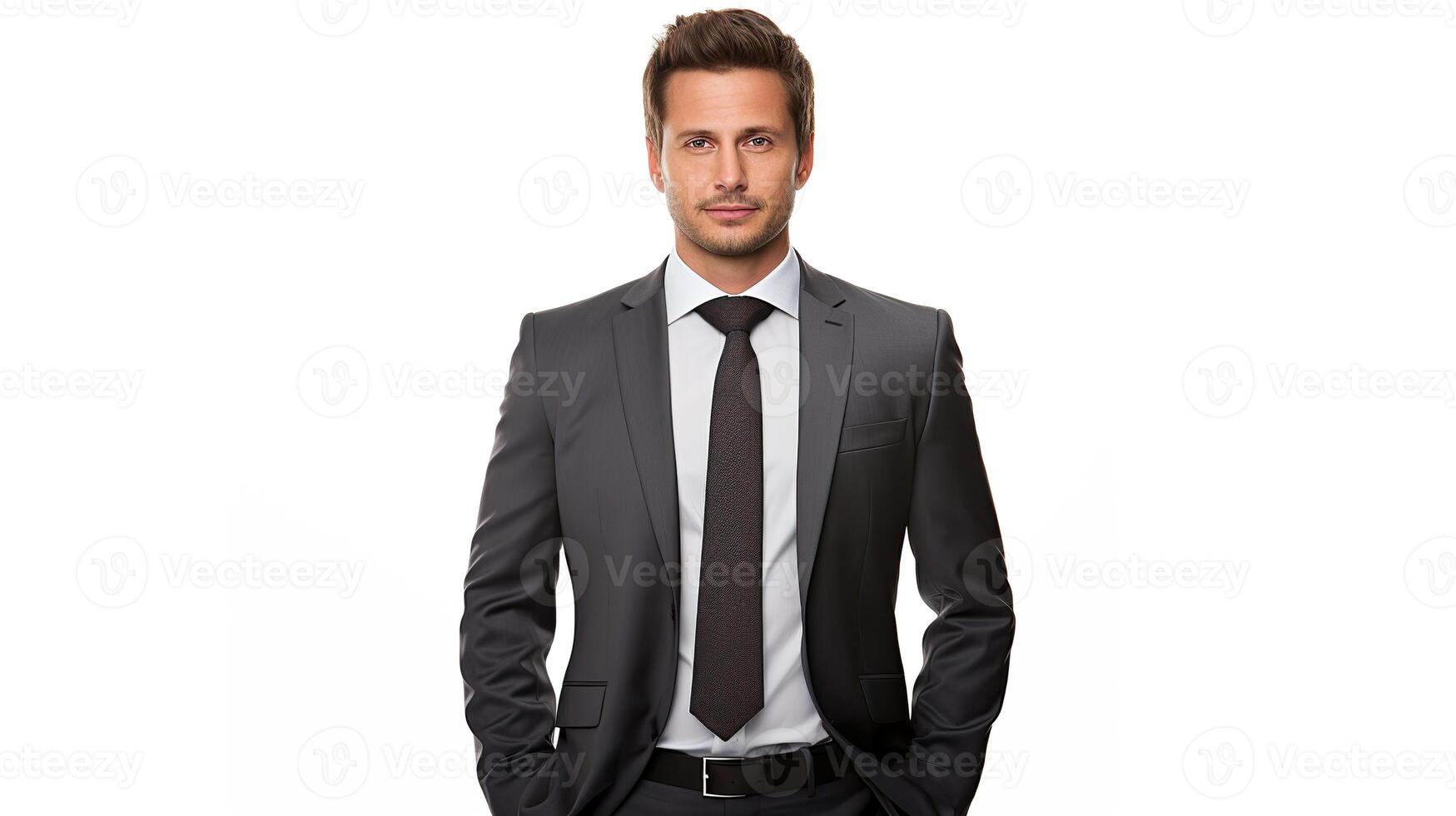 AI generated Medium shot of confident mixed-race man wearing elegant suit, looking at camera on white background. photo