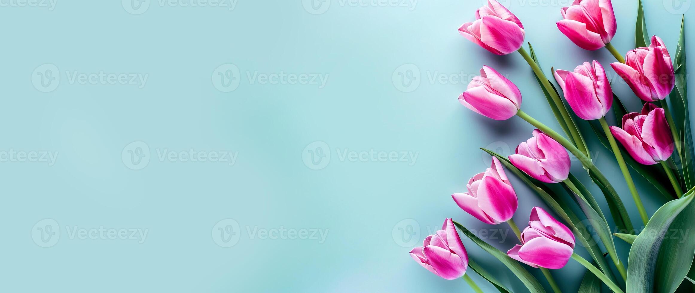 AI generated Bouquet of pink tulips on a blue background. Place for text. photo