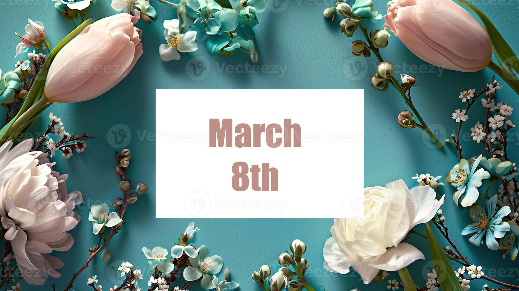 AI generated Banner with blooming white Chinese cherry on a turquoise background. Place for text. Spring banner with tulips. photo