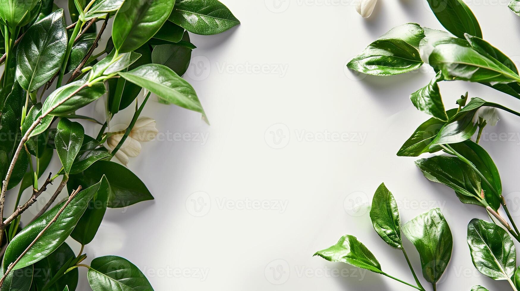 ai generado floral primavera marco de brillante verde decorativo hojas en un blanco antecedentes. primavera diagonal modelo con sitio para texto. foto