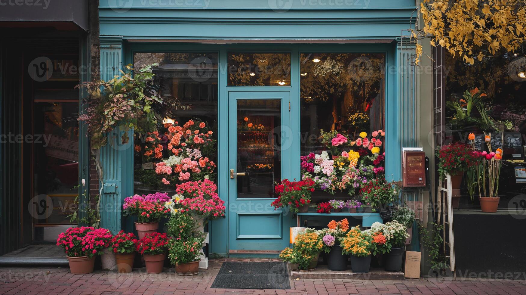 ai generado ollas con flores en el calle de antiguo europeo ciudad. flor tienda y flores en el calle de ciudad en un soleado otoño día digital ilustración. foto