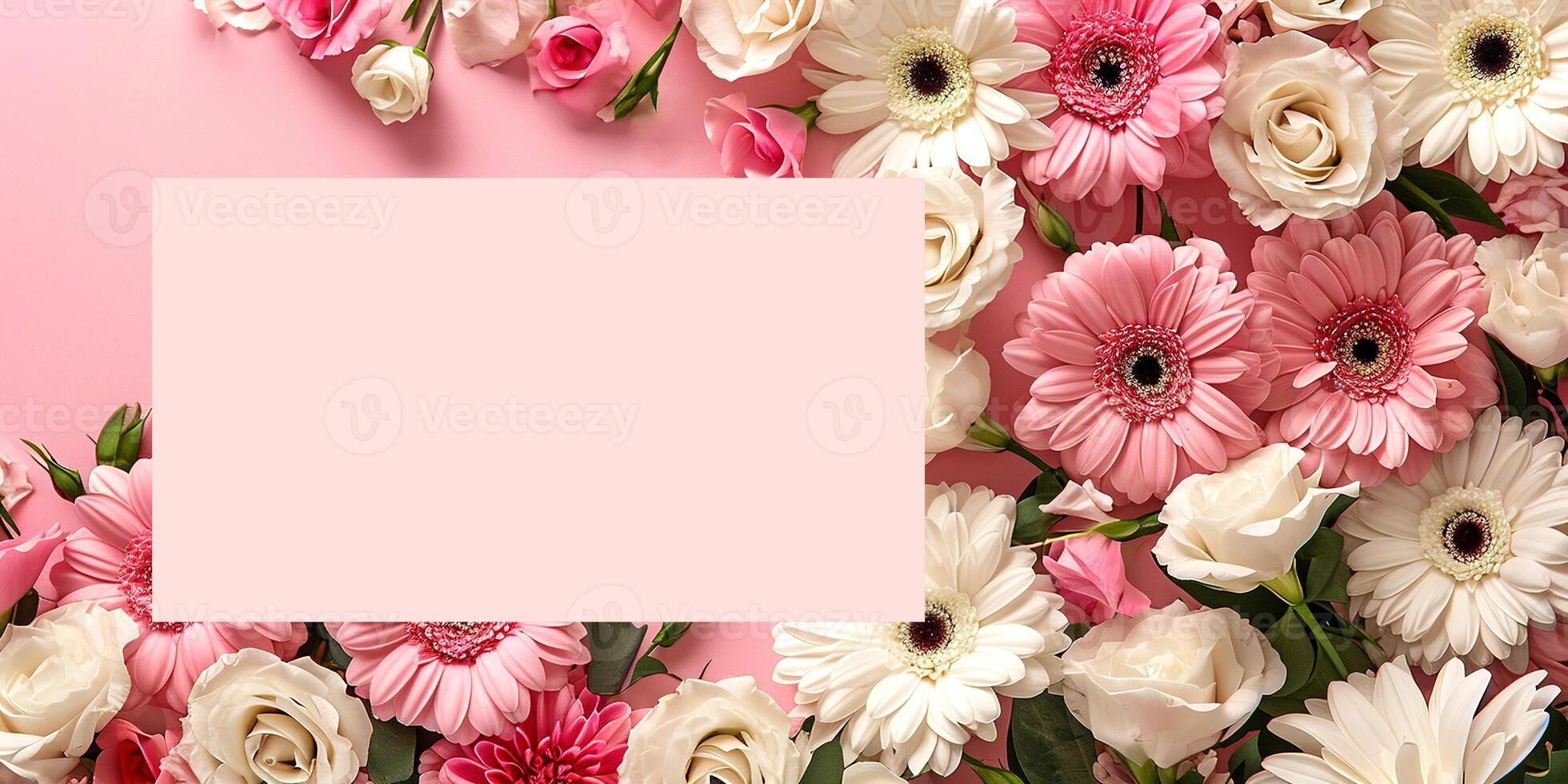 AI generated White and pink gerberas on a pink background with space for text. Template for your advertisement, congratulations. photo