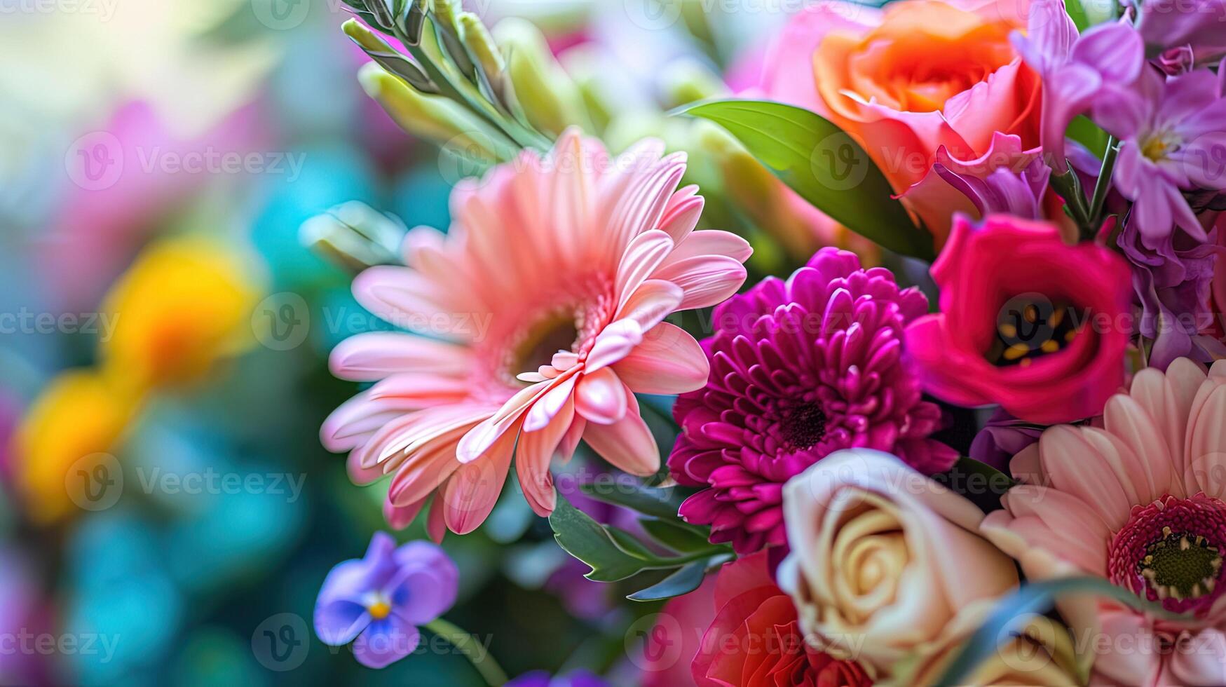 AI generated Original bouquet, universal gift. Blurred floral background of a bouquet of fresh decorative flowers. Flower arrangement. Ikebana. photo