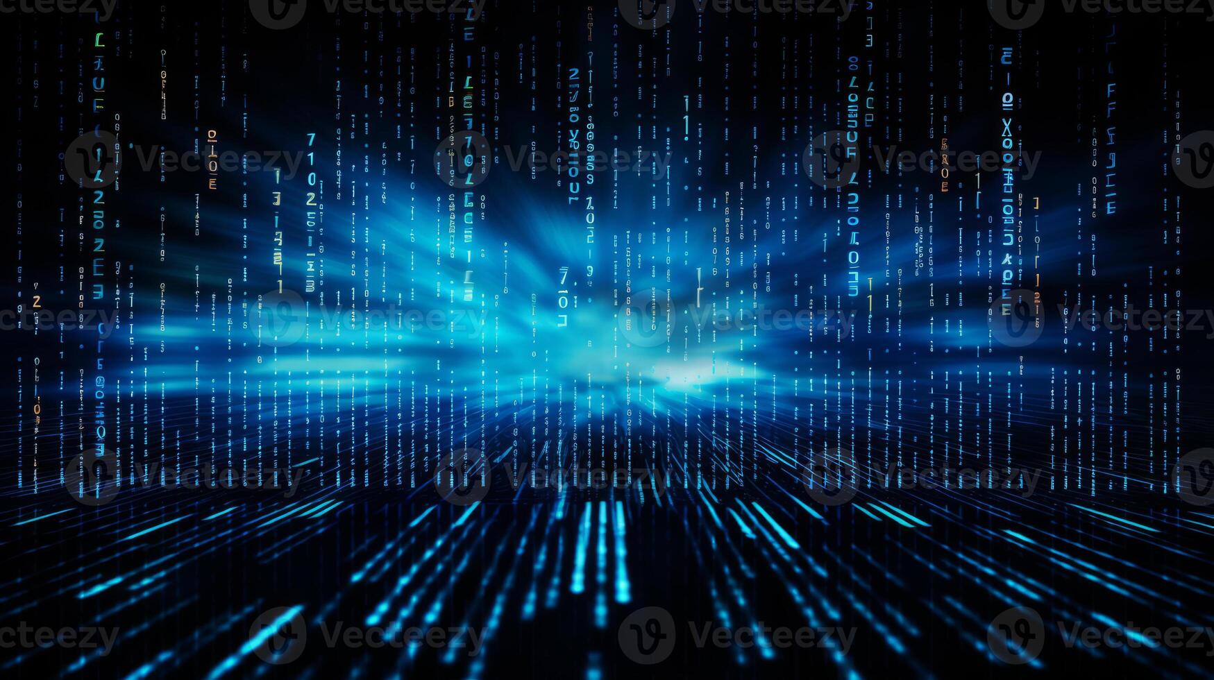 AI generated Blue digital binary code on a dark blue background. Digital information processing system. business analytics shiny background. photo