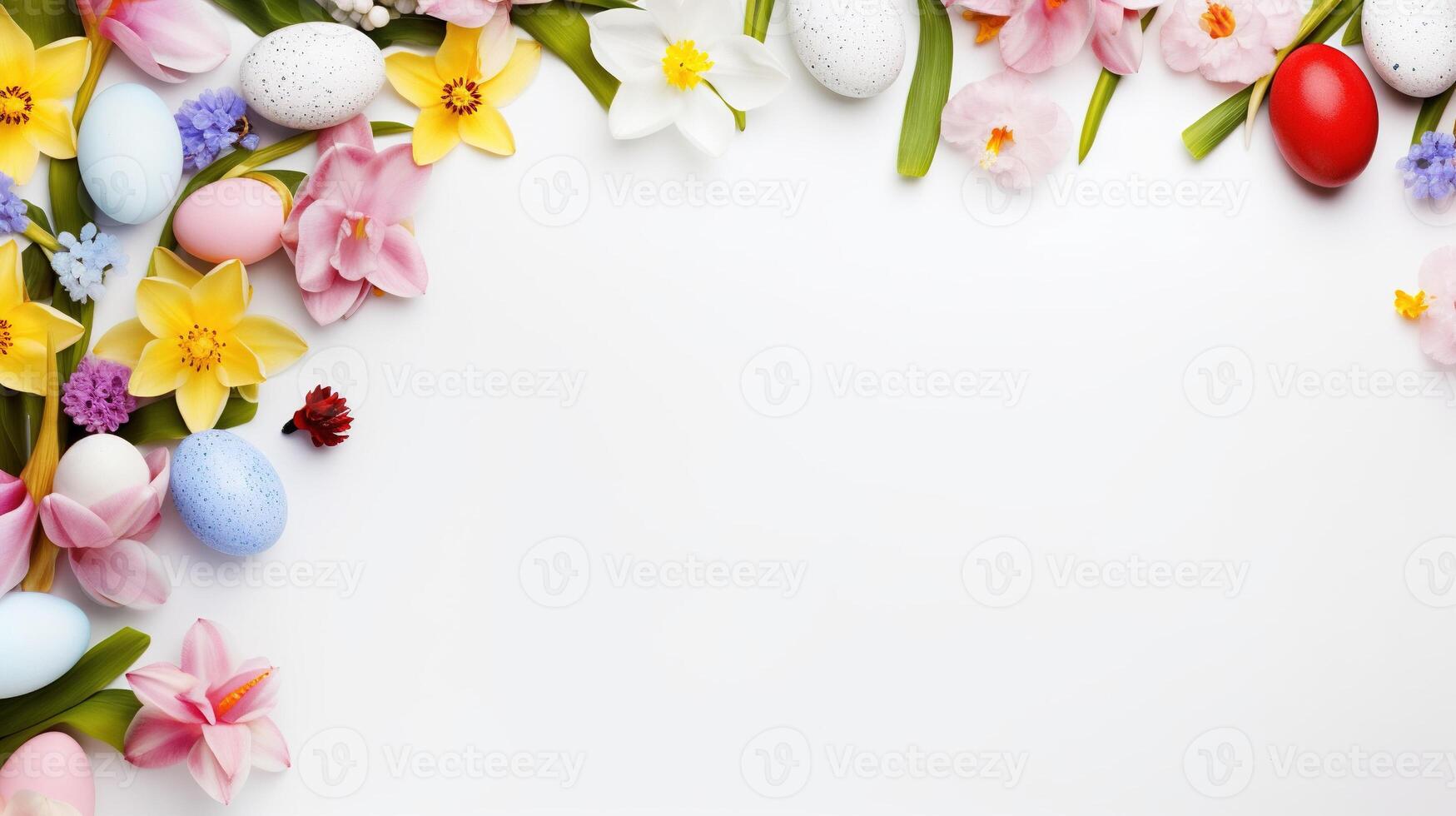 AI generated Easter eggs and spring flowers on a white background with copy space. Colorful Easter eggs and flowers on white background. photo