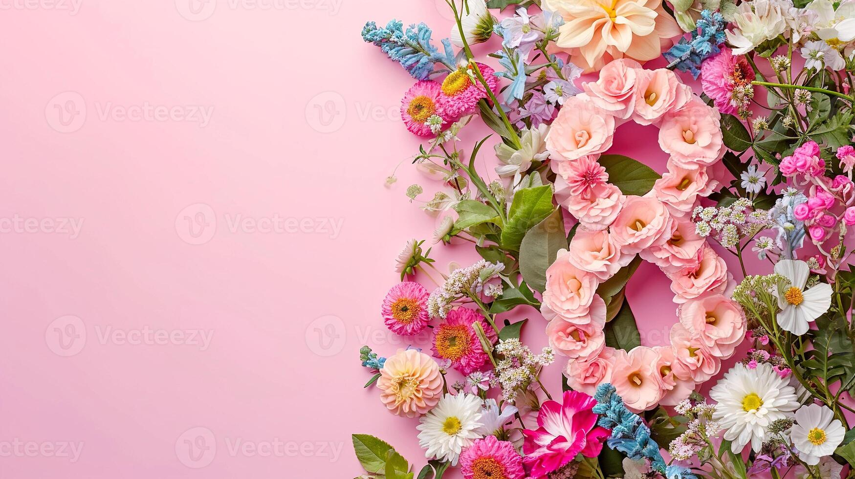 AI generated Floral arrangement with number eight made from lisianthium flowers on a pink background with space for text. 8 consists of pastel pink flowers. 8th birthday card template for March 8th. photo