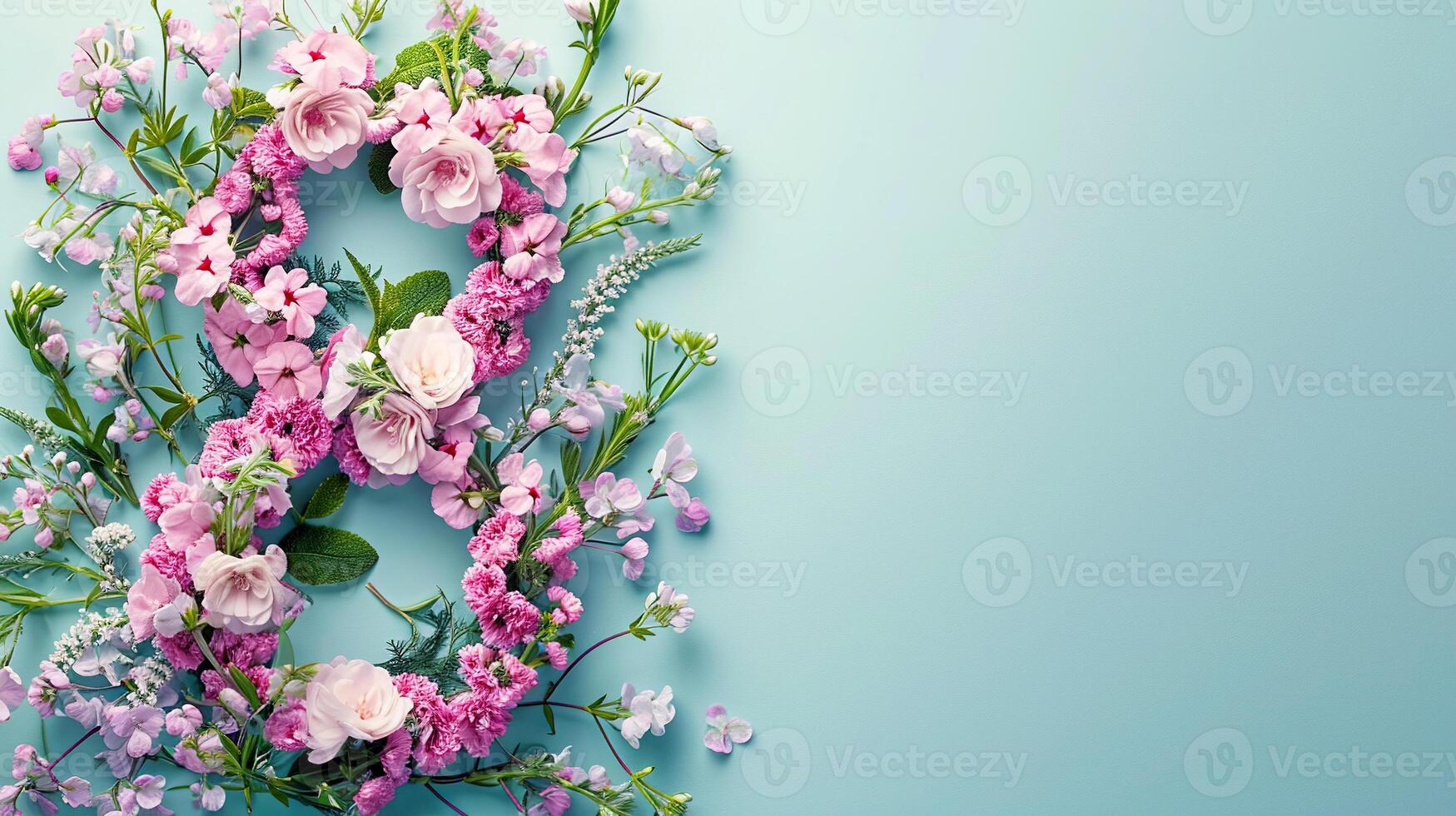 AI generated Bouquet of flowers in the shape of the number eight. Floral arrangement on blue background. photo