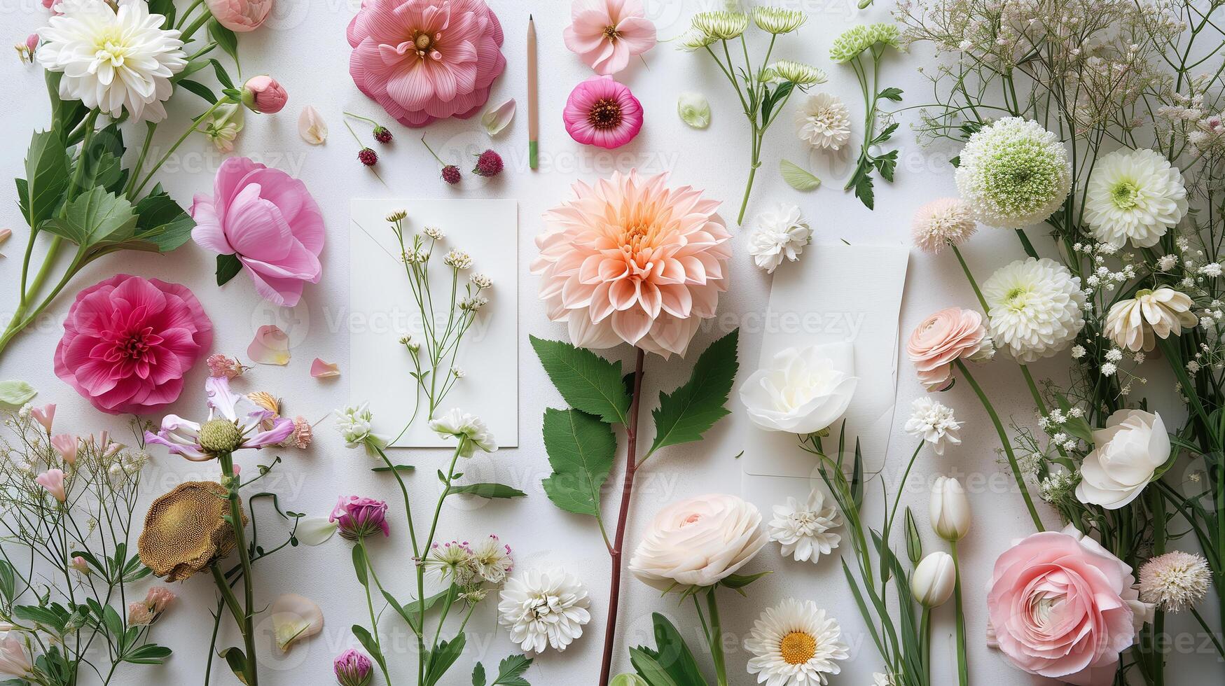 AI generated Delicate flowers of ranunculus, dahlia and rose are arranged to make a wedding bouquet. White tulip and gypsophila. Pencil and blank sheet of paper. photo