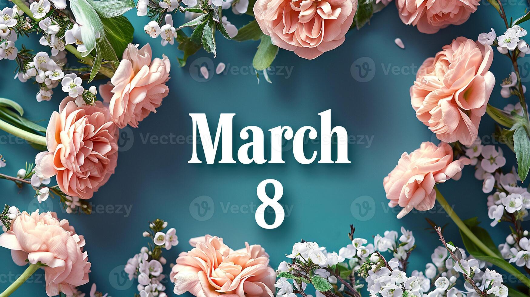 AI generated Peony tulips and cherry white color with 8 March lettering aquamorous background. Floral arrangement of spring flowers. Colorful background for greeting card, gift certificate, banner. photo
