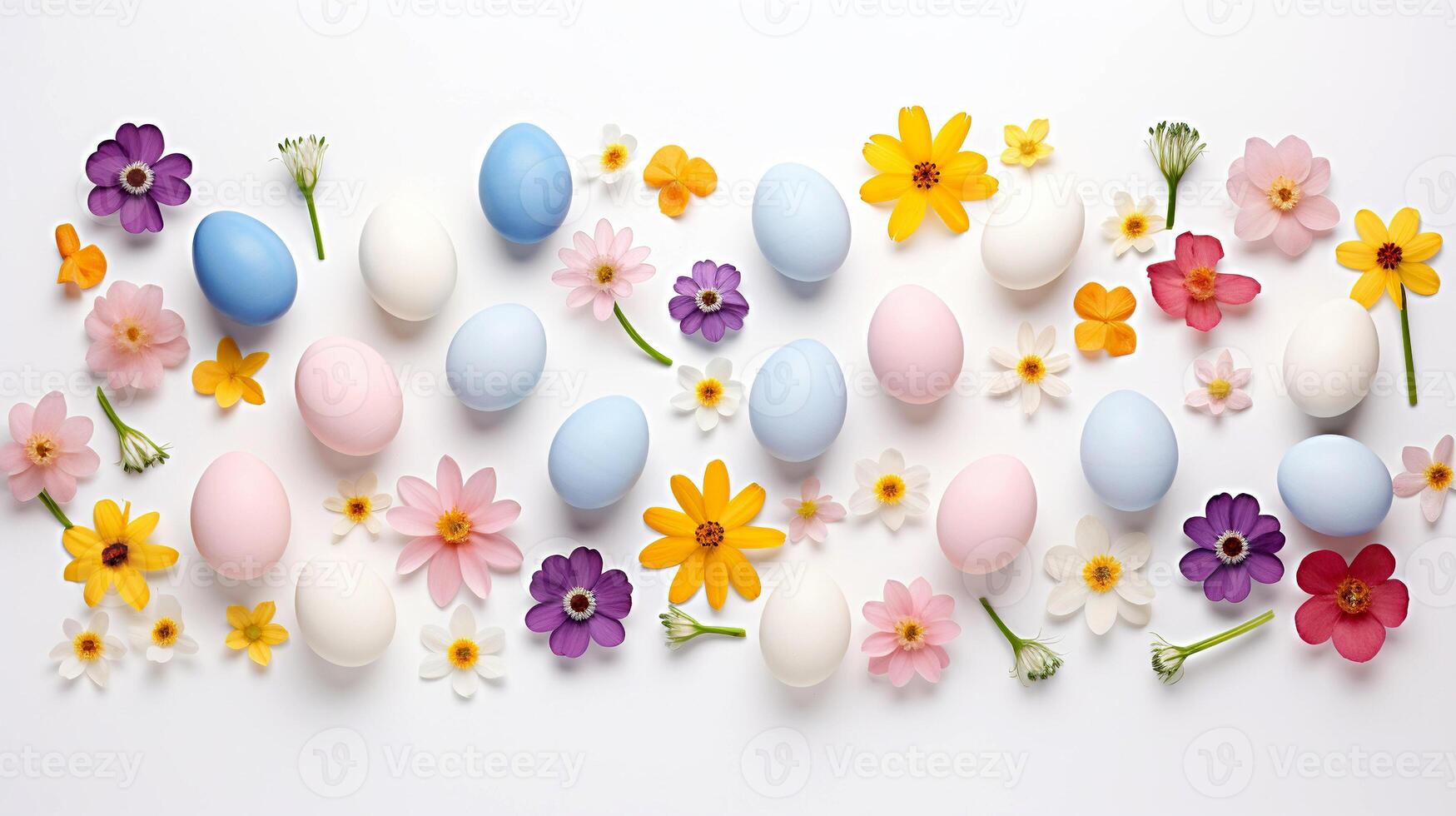 AI generated Colorful Easter eggs with flowers on white background. photo