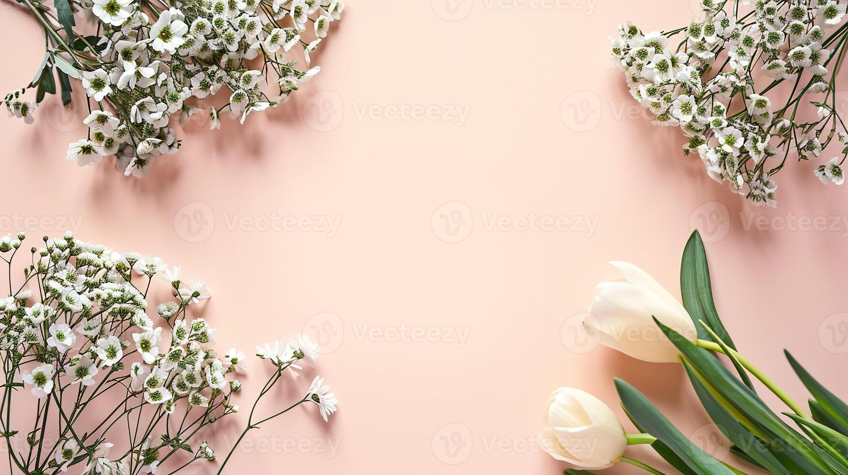 AI generated Floral spring frame of flowers on a peach background. Spring floral frame with place for text. Minimalism. View from above. Pantone color 2024 photo